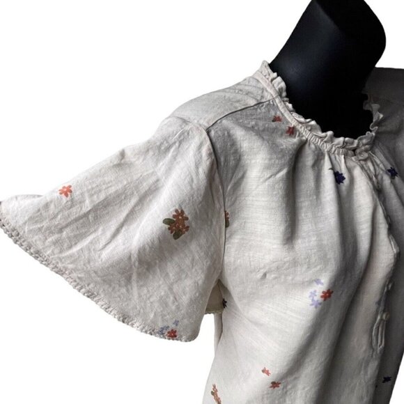 Floral Bell Short Sleeve Trim 1/2 Button Up Ivory Top Ruffle Neck Women’s L - Picture 5 of 10